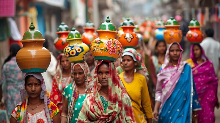 group women walk down street carrying lamps with words india them_1064589 62581